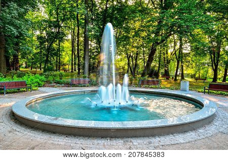 Nice fountain in the urban park. Green park in the city of Chrzanow Poland.