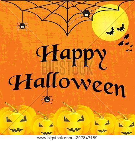 Halloween Typographic banner calligraphy with Scary elements such as webSpider pumpkin and bat with vector lettering Happy Halloween. Vector illustration