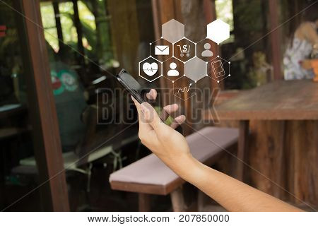 Icon technology conncet over smart phone on hand business communication concept