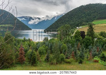 View of Kaupanger and Sognefjord. Kaupanger is a town within Sogndal, Sogn og Fjordane, Norway