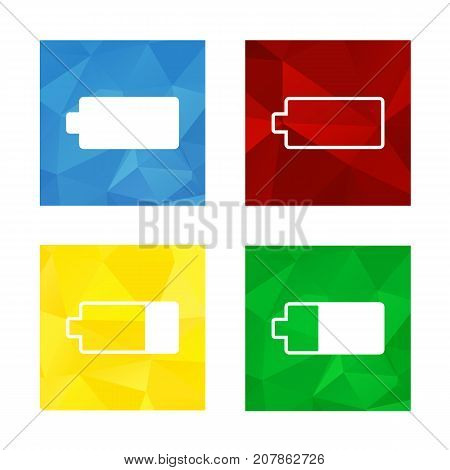 Colorful triangular low poly button in square shape with flat icon representing battery blue for full red for empty green for almost full yellow for almost empty