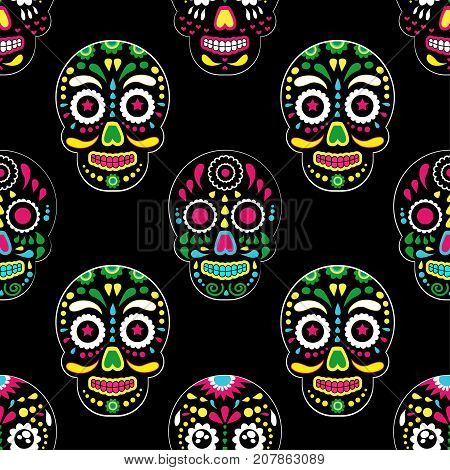 Day of The Dead colorful sugar skull with floral ornament and flower seamless pattern. Dia de los muertos skull the pattern is made in bright colors colorful skulls for the holiday of the dead