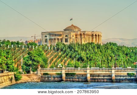 View of Dushanbe with Presidential palace and the Varzob River. The capital of Tajikistan, Central Asia