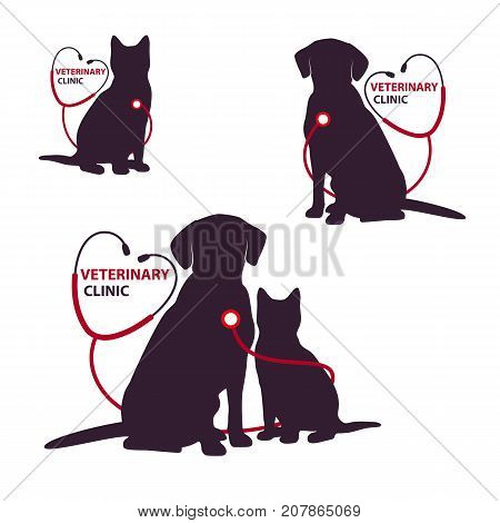 Veterinary clinic logo template with cat and dog. Vector Illustration.