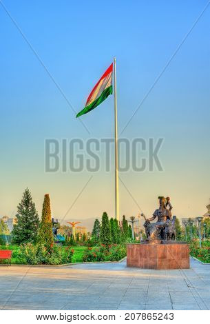 Tajikistan flag on the second tallest in the world flagpole. Central Park of Dushanbe