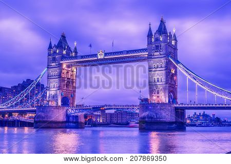 London, the United Kingdom: Tower Bridge on River Thames at night