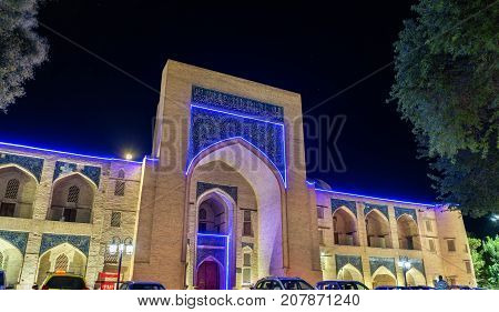 Kukeldash Madrasah in Bukhara at night. Uzbekistan, Central Asia