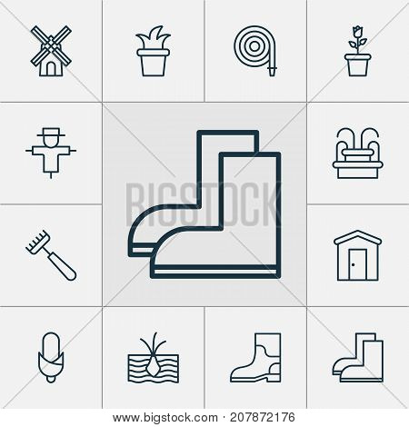 Gardening Icons Set. Collection Of Mill, Bush Pot, Bugbear And Other Elements