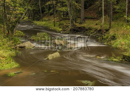 Chribska Kamenice river in national park Ceske Svycarsko in autumn morning