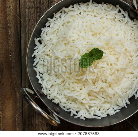 Indian Cooked Basmati Rice Served in a Kadai