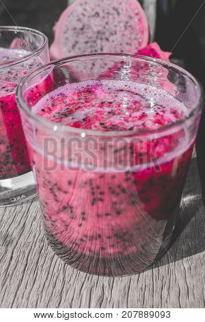 Dragon Fruit Juice In Cocktail Glass With Bokeh Or Blur Background
