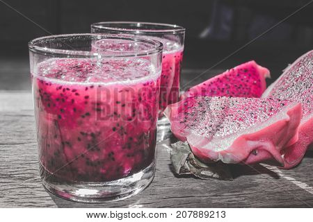Dragon Fruit Juice In Cocktail Glass With Bokeh Or Blur Background