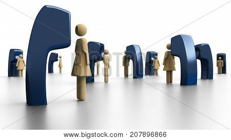 Telephone survey on male and female respondents with everyone in focus, phones protrudng out of the floor - 3d illustration in transparent PNG