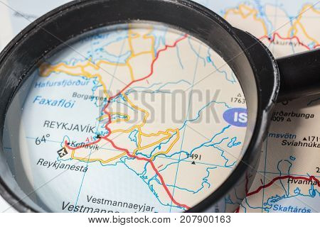 Vinnitsa Ukraine - August 25 2017: Reykjavik map through the magnifying glass