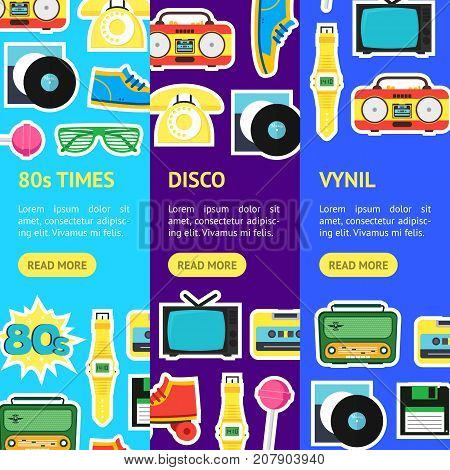 Cartoon Eighties Style Symbol Banner Vecrtical Set Retro Concept of Audio Tape, Phone and Shoe Accessory Hipsters. Vector illustration