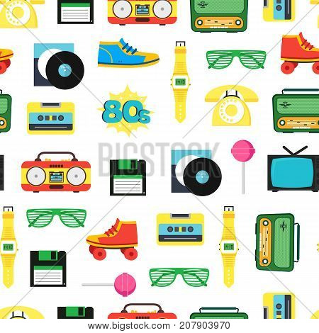 Cartoon Eighties Style Symbol Background Pattern on a White Retro Concept of Audio Tape, Phone and Shoe Accessory Hipsters. Vector illustration