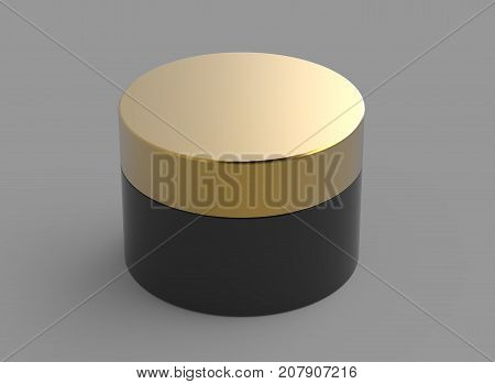 Blank black container round bottle with golden lid without any design in 3d rendering gray background