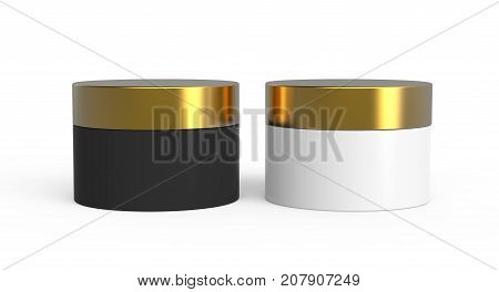 Blank container collection two round bottles with golden lid without any design in 3d rendering white background