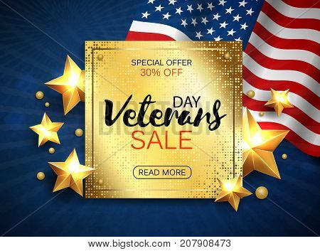 Veterans day sale banner template design. Golden plate on patriotic background. Vector