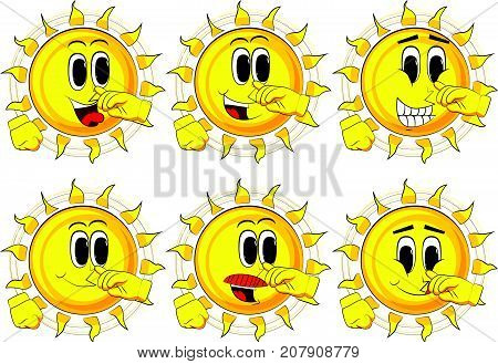 Cartoon sun with symphaty. Collection with happy faces. Expressions vector set.