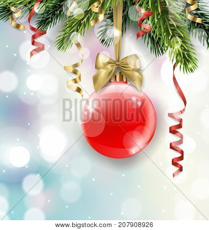 Vector Christmas tree branch with red ball on blurred background with sparkles. Christmas and new year background with place for your text. Vector template.