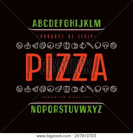 Decorative sanserif font and pizza box cover. Letters for logo and title design. Color print on black background