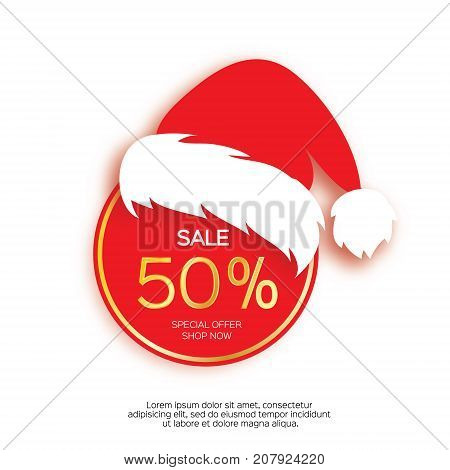 Modern paper cut circle sale banner with Santa Claus hat, special offer, 50 percents discount. Merry Christmas. Happy New Year. Origami Label template. Shop now. Space for text. Vector illustration