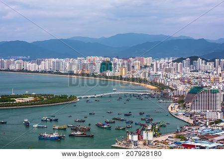 City seaport, with a large number of ships. Sanya, Hainan, China.  Picture was taken from Luhuitou Peak Park.