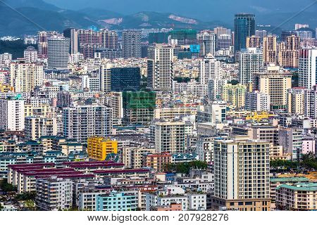 Town houses closeup. Sanya, Hainan, China. Picture was taken from Luhuitou Peak Park.