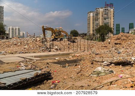 Sanya, China - April 02, 2017: Garbage dump at a construction site in the tourist city of Sanya