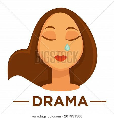 Movie genre icon logo drama of woman crying tear. Vector flat isolated symbol template for cinema or channel movie drama genre emblem