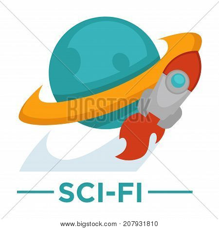 Movie genre icon logo sci-fi of space rocket and world globe. Vector flat isolated symbol template for cinema or channel movie sci-fi genre emblem