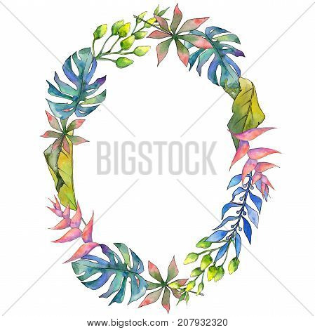 Tropical Hawaii leaves wreath in a watercolor style. Aquarelle wild flower for background, texture, wrapper pattern, frame or border.
