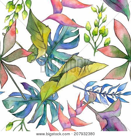 Tropical Hawaii leaves pattern in a watercolor style. Aquarelle wild flower for background, texture, wrapper pattern, frame or border.