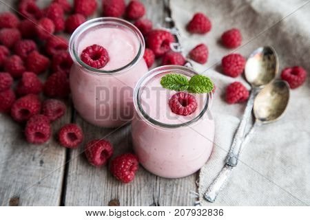 Yogurt Smoothie With Raspberries, Fruit Dessert. Berry Smoothie. Healthy Dieting Concept