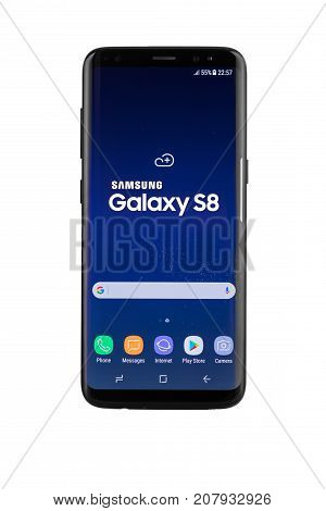 Varna Bulgaria - May 11 2017: Studio shot of a black Samsung Galaxy S8 smartphone with 12 MP f 1.7 26mm Camera quad-core 23 GHz and 1440 x 2960 pixels pixels Display Resolution