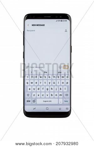 Varna Bulgaria - May 11 2017: Studio shot of a black Samsung Galaxy S8 smartphone with 12 MP f 1.7 26mm Camera quad-core 23 GHz and 1440 x 2960 pixels pixels Display Resolution
