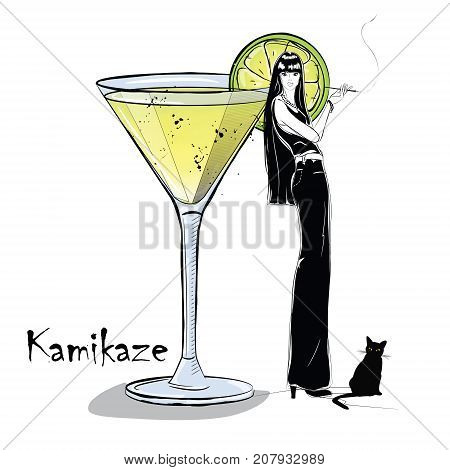 Hand drawn illustration of cocktail with girl. Kamikaze. Vector illustration