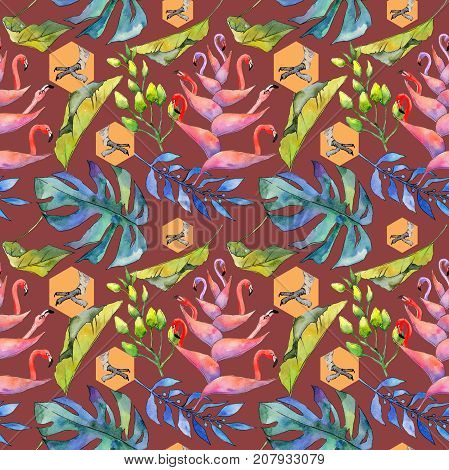 Tropical Hawaii leaves pattern in a watercolor style. Aquarelle wild flower for background, texture, wrapper pattern, frame or border.