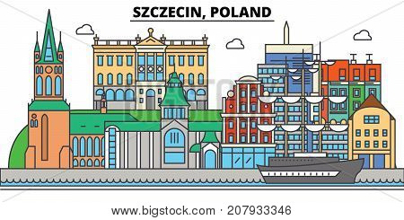 Poland, Szczecin. City skyline, architecture, buildings, streets, silhouette, landscape, panorama, landmarks. Editable strokes. Flat design line vector illustration concept. Isolated icons