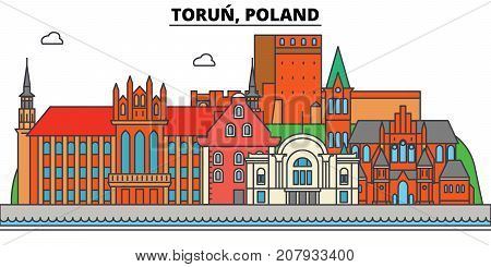 Poland, Torun. City skyline, architecture, buildings, streets, silhouette, landscape, panorama, landmarks. Editable strokes. Flat design line vector illustration concept. Isolated icons