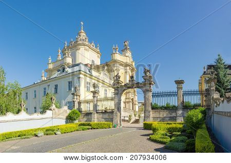 View from the main gate of architectural ensemble of the St. George Cathedral built in mid 18-th century in Lviv Ukraine