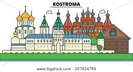 Russia, Kostroma. City skyline, architecture, buildings, streets, silhouette, landscape, panorama, landmarks. Editable strokes. Flat design line vector illustration concept. Isolated icons