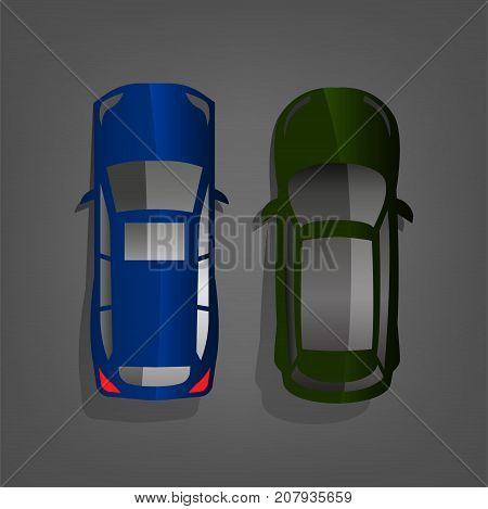 SUV and off-roader cars top view. Flat style vector illustration in green and blue colours isolated on dark grey background.