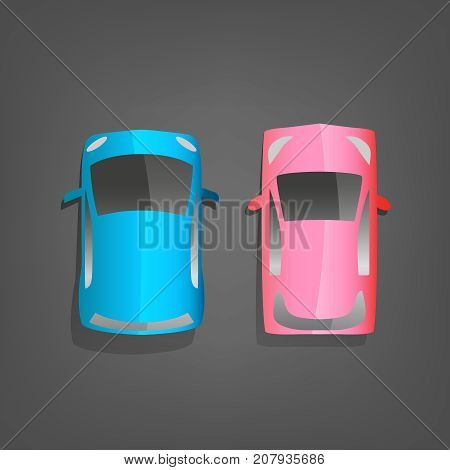 Small blue and pink cars isolated on a dark grey background. Mini car top view.Vector illustration in a flat style.