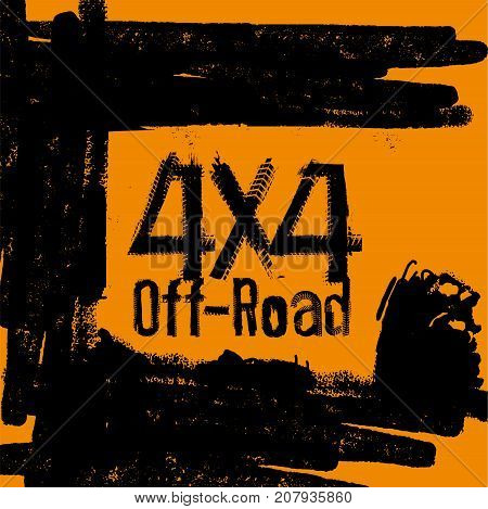 Off-Road 4x4 hand drawn grunge lettering. Tire tracks words made from unique letters. Beautiful vector illustration in a textured poster style. Editable graphic element in orange and black colours.