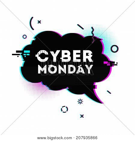 Template design graphic for cyber monday offer. Bubble shape for promotion event in glitch style. Web banner layout with geometric particle and computer noise and grunge texture for cyber sale.