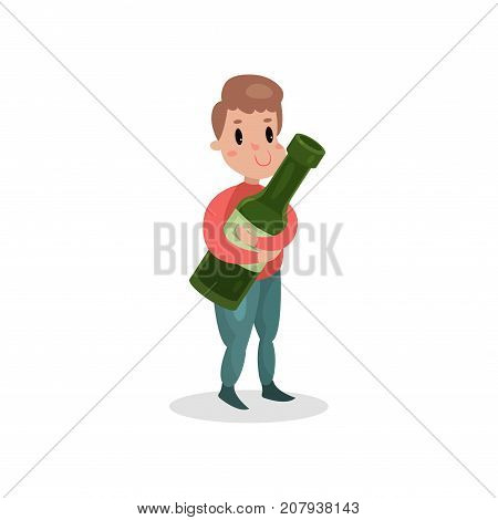 Young man holding giant bottle of alcohol, harmful habit and addiction cartoon vector Illustration on a white background