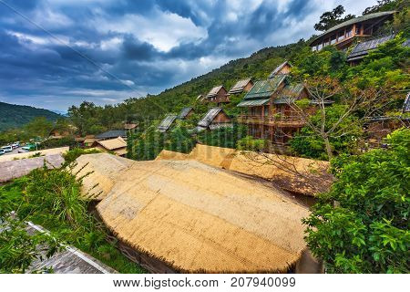 Wooden bamboo houses in the jungle. Sanya Li and Miao Village. Hainan, China.