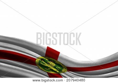 Grunge colorful flag Alderney with copyspace for your text or images,isolated on white background. Close up, fluttering downwind.